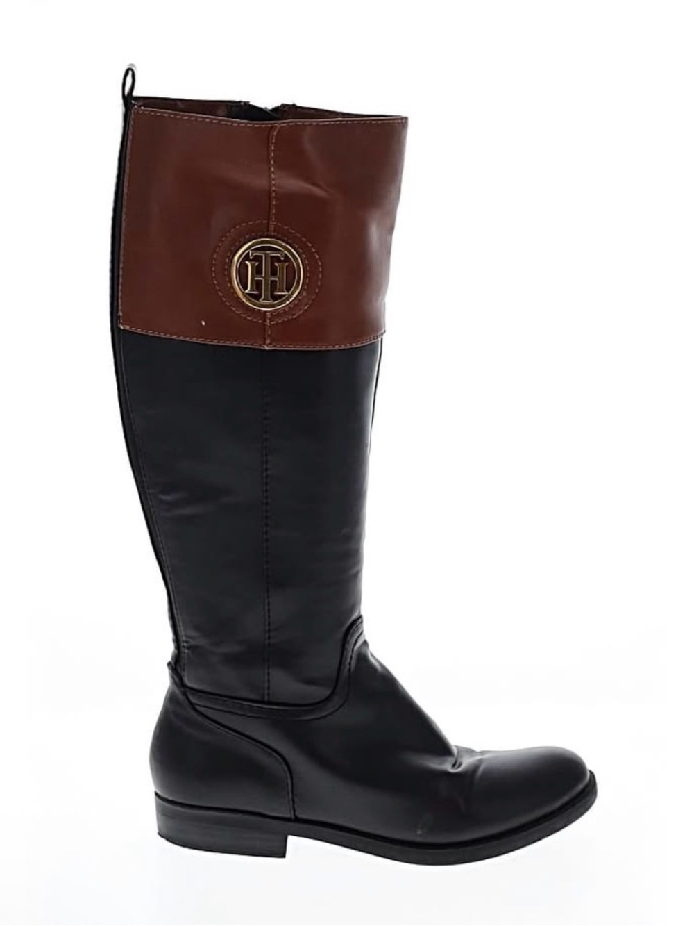 Tommy Hilfiger Black Leather Riding Boots with Brown Trim. Price is firm